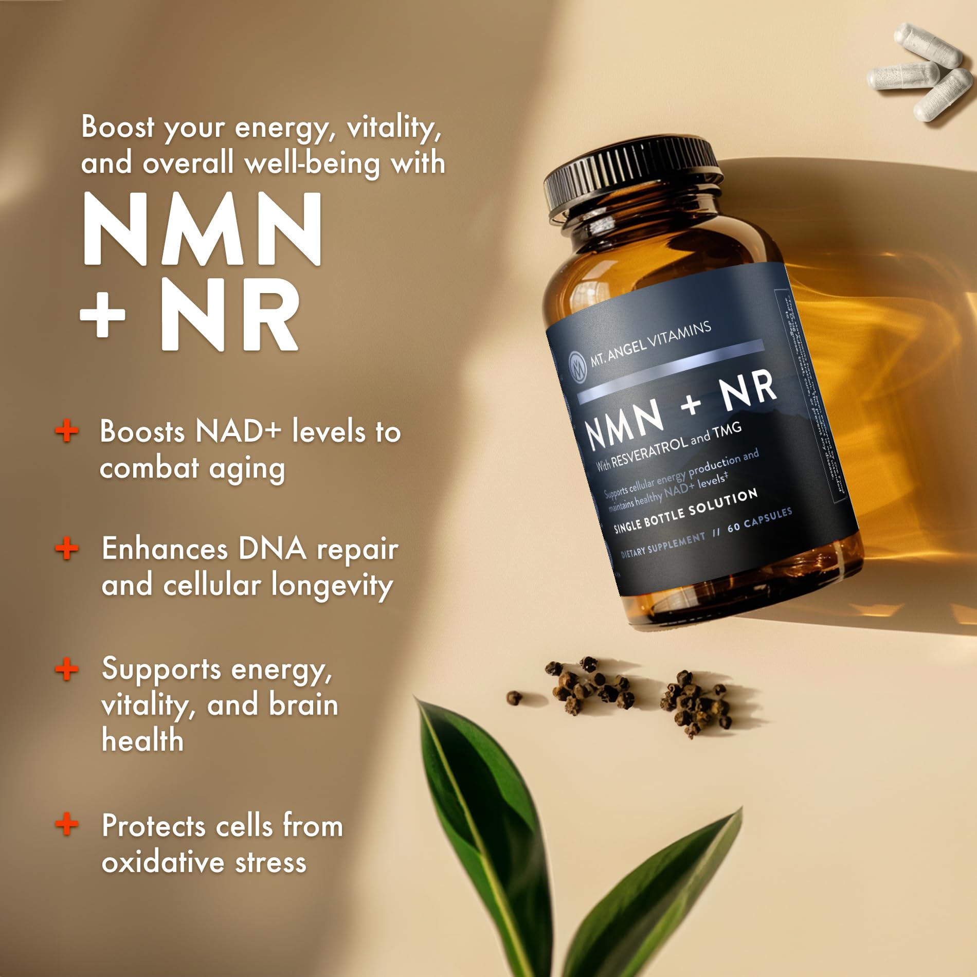 Mt. Angel NMN NR ingredients label featuring resveratrol for vitality.