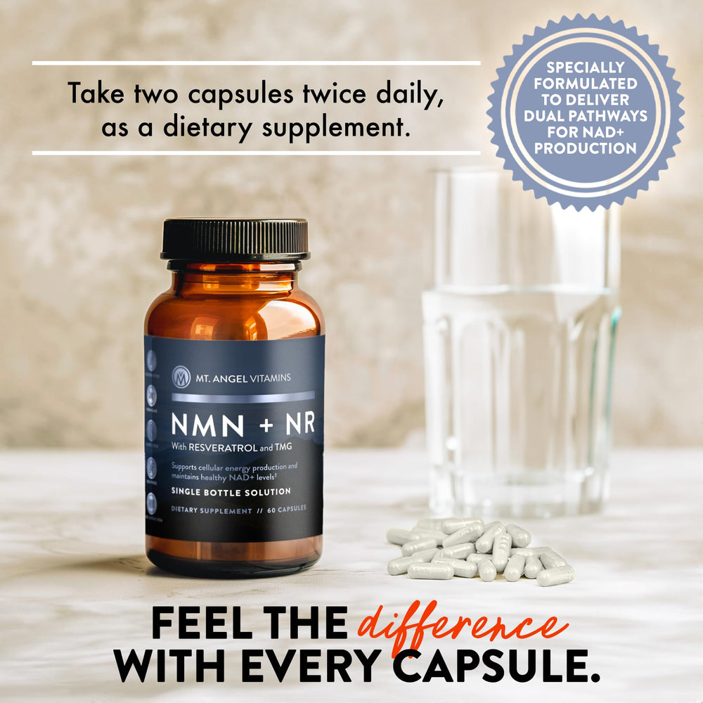 Mt. Angel NMN NR packaging shows USA-made assurance.