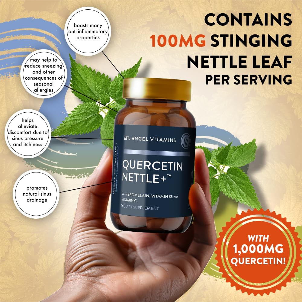 Mt. Angel Vitamins Quercetin Nettle+ tablets closeup shows textured capsules