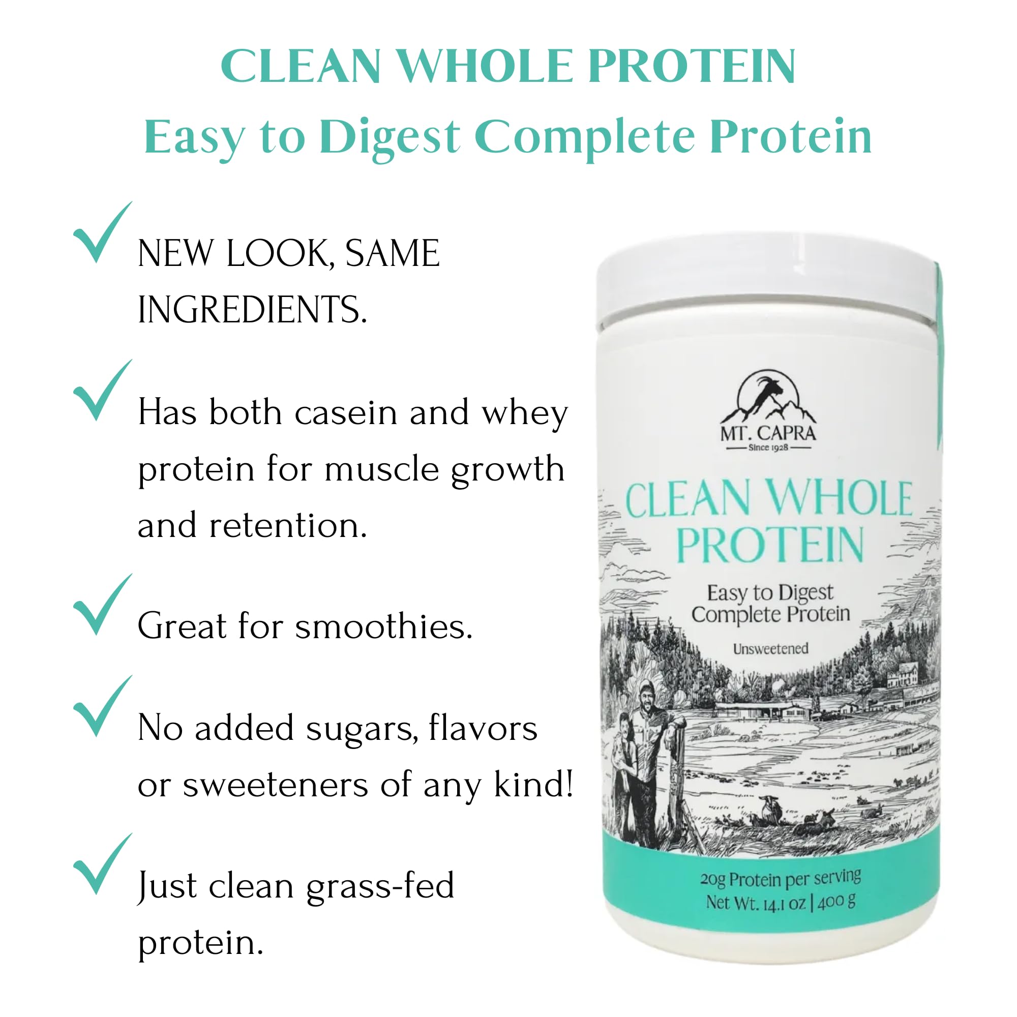 Mt Capra Clean Whole Protein label highlights 20 g per serving for steady nourishment.