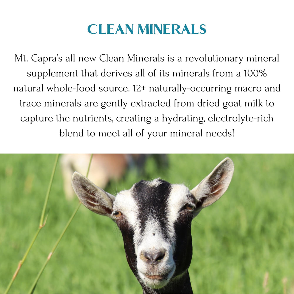 Mt Capra Clean Minerals bottle with glass on a kitchen counter for hydration.