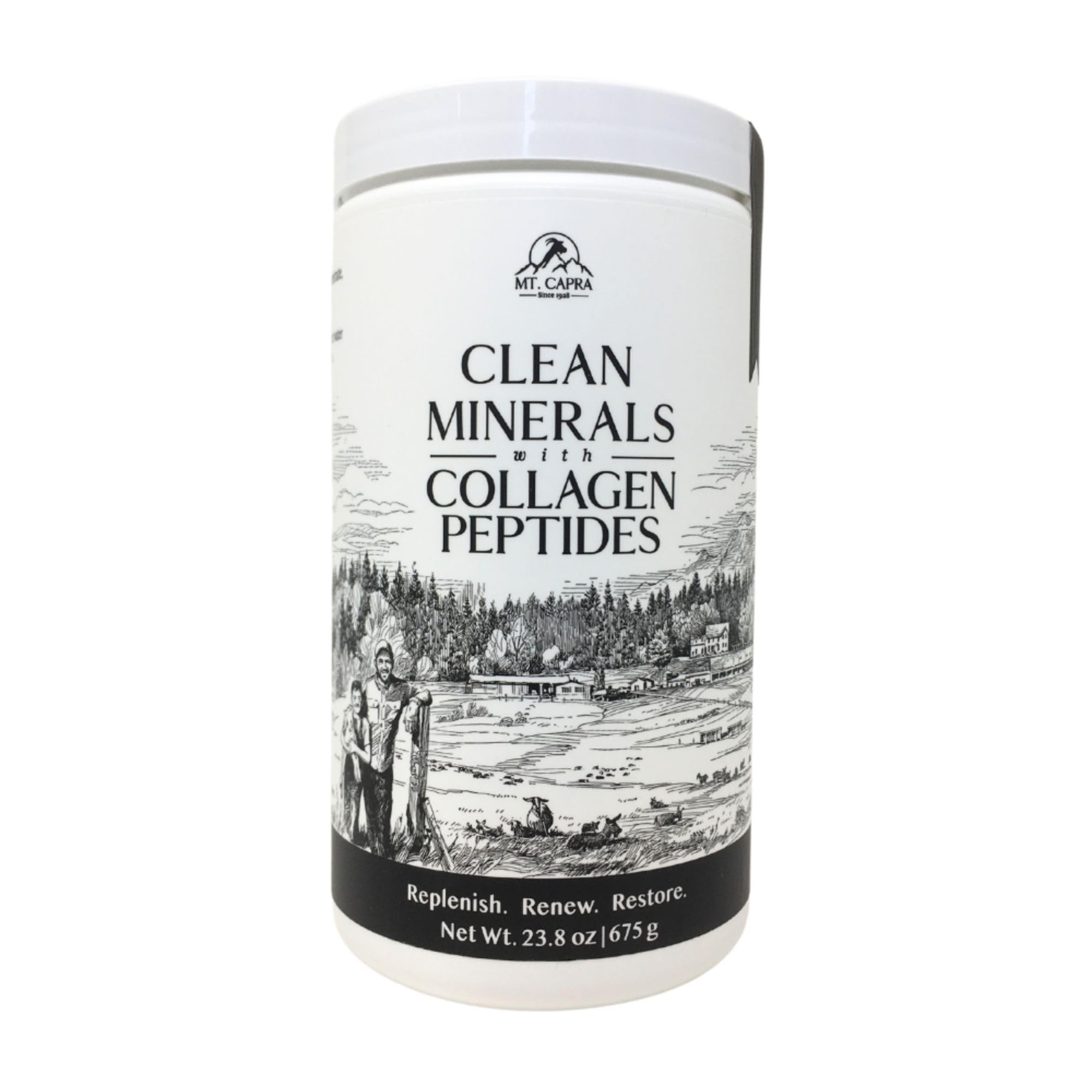 Mt. Capra Clean Minerals with Collagen Peptides bottle showing convenient daily nutrition from goat milk minerals.