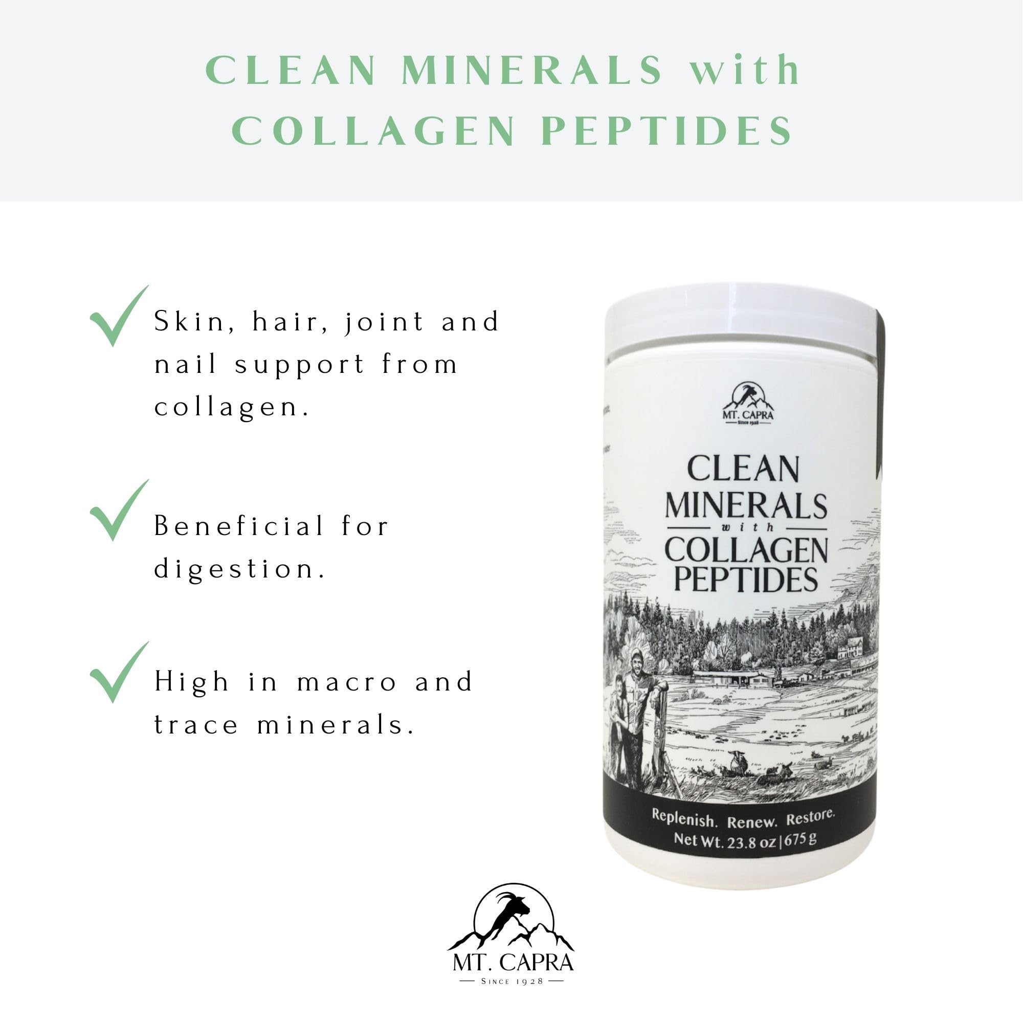 Mt. Capra Clean Minerals with Collagen Peptides powder ready to mix into hot drinks for nourishment.