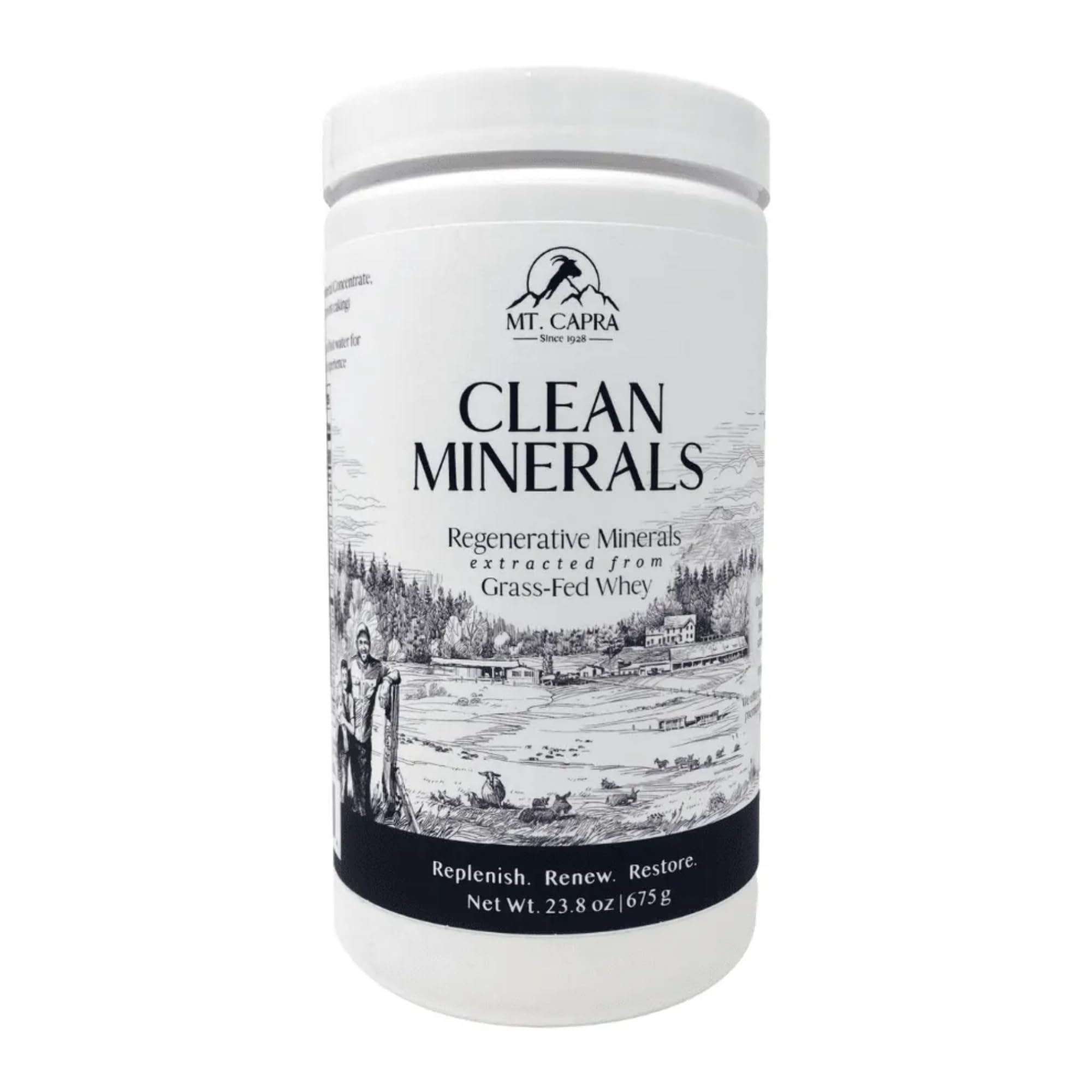 Mt Capra Clean Minerals label closeup highlighting goat-sourced minerals for daily nutrition.