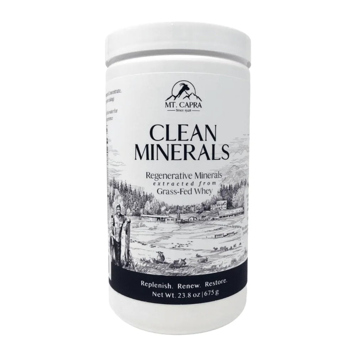 Mt Capra Clean Minerals label closeup highlighting goat-sourced minerals for daily nutrition.