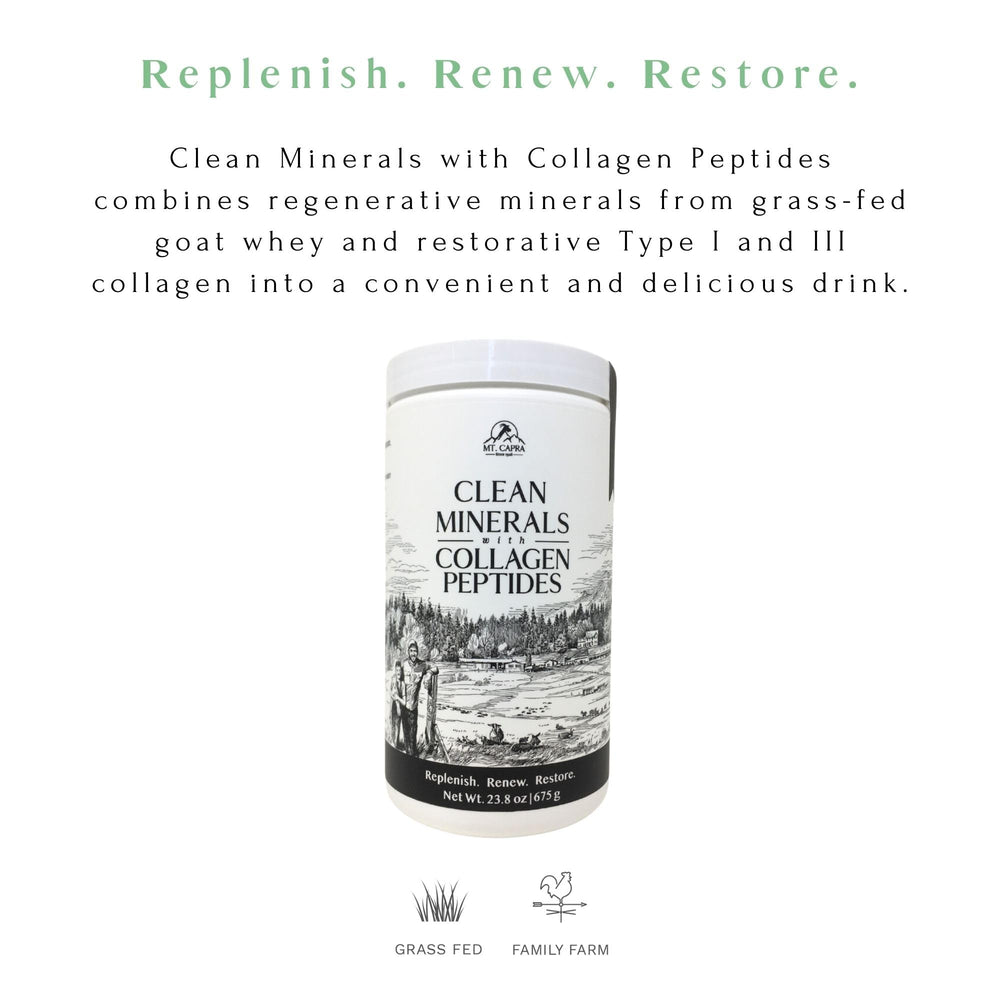 Nutrition panel of Mt. Capra Clean Minerals highlights grass-fed minerals and collagen peptides for wellness.