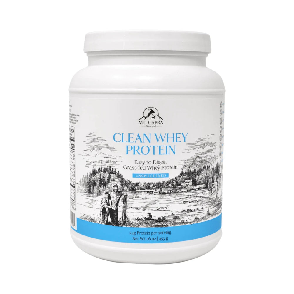 Mt Capra Clean Whey bottle shows 24 g protein per serving