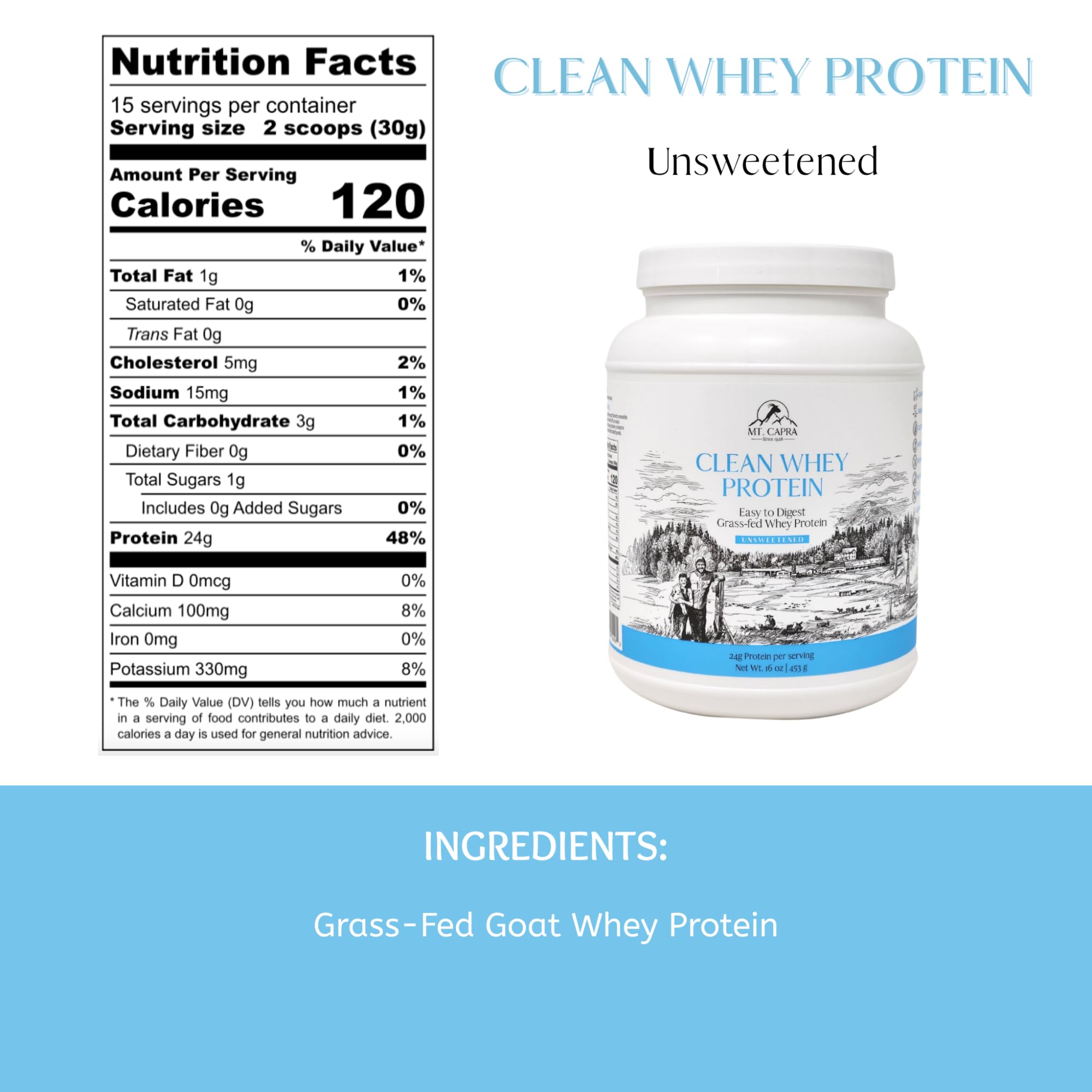 Mt Capra Clean Whey scoop emphasizes single-ingredient formula