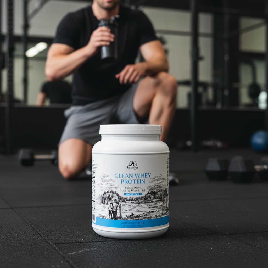 Mt Capra Clean Whey unsweetened powder in a scoop