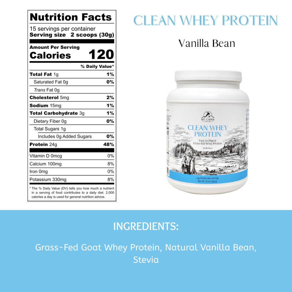 Mt. Capra Clean Whey Vanilla tub label signals non-GMO, gluten-free protein