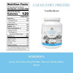 Mt. Capra Clean Whey Vanilla tub label signals non-GMO, gluten-free protein