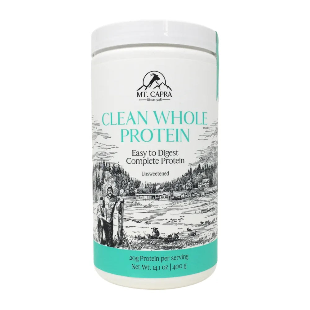 Mt Capra Clean Whole Protein jar on kitchen shelf from a family farm, convenient everyday nutrition.