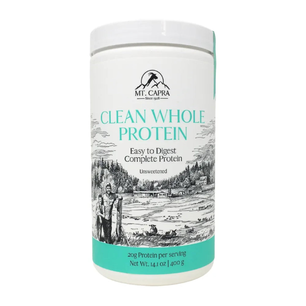 Mt Capra Clean Whole Protein jar on kitchen shelf from a family farm, convenient everyday nutrition.