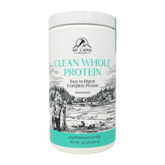 Mt Capra Clean Whole Protein jar on kitchen shelf from a family farm, convenient everyday nutrition.