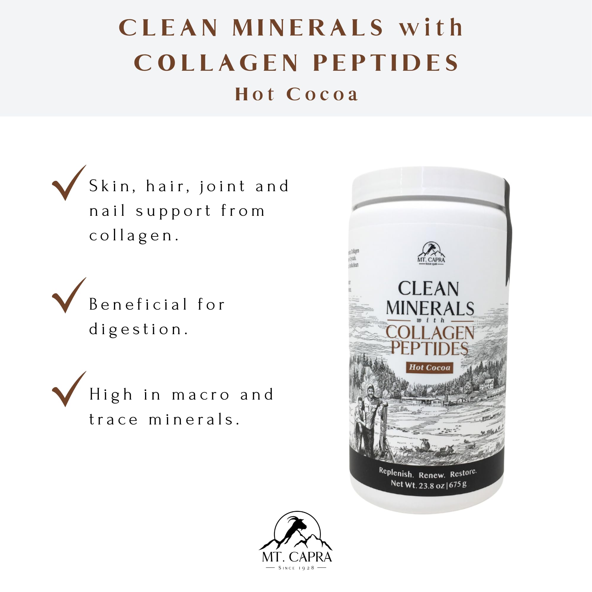 Mt Capra hot cocoa mug with steam highlighting a cozy, nutritious drink