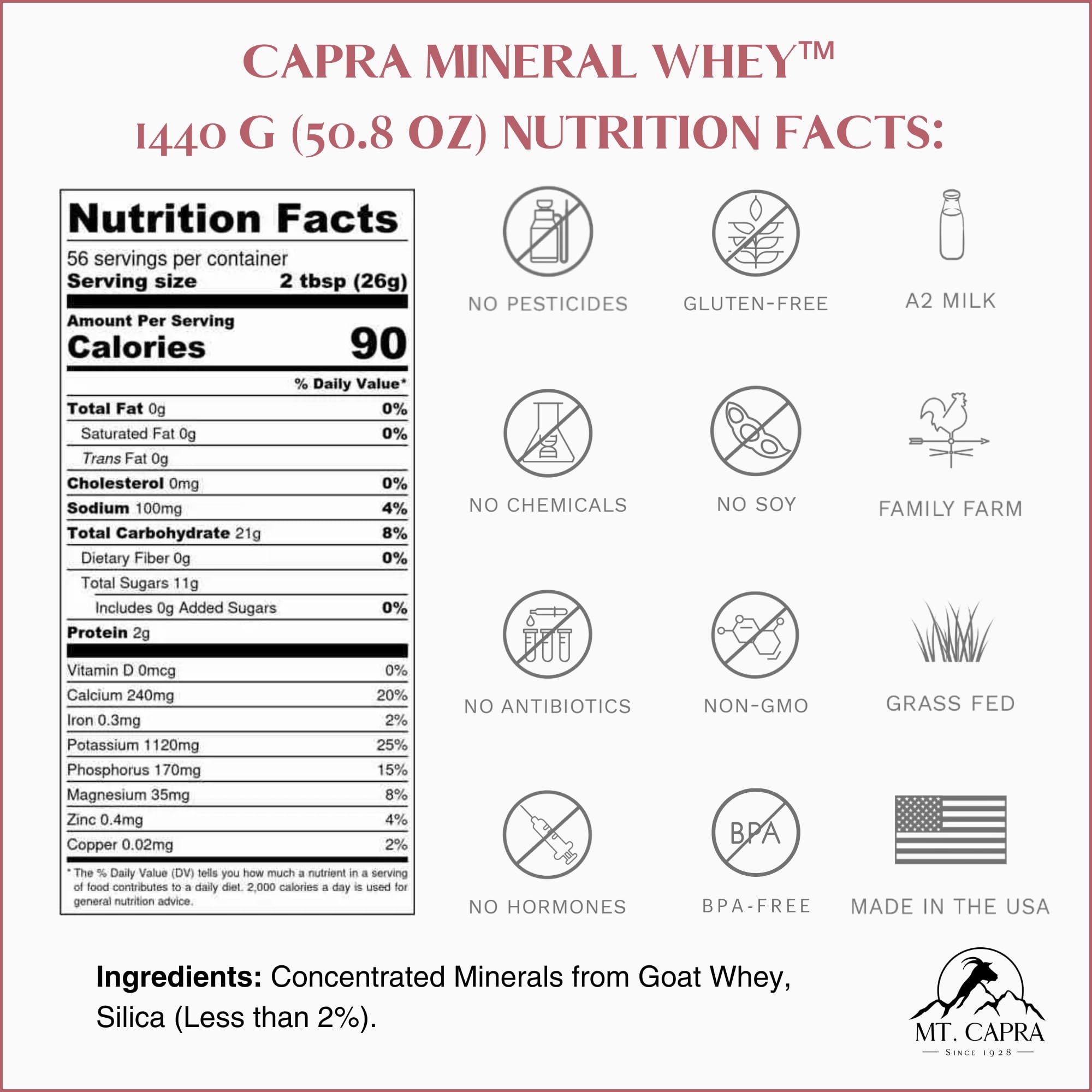Mt Capra Mineral Whey powder jar beside glass of water for easy mixing.