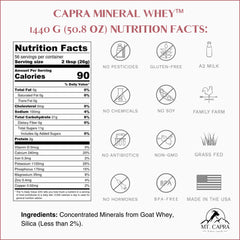 Mt Capra Mineral Whey powder jar beside glass of water for easy mixing.