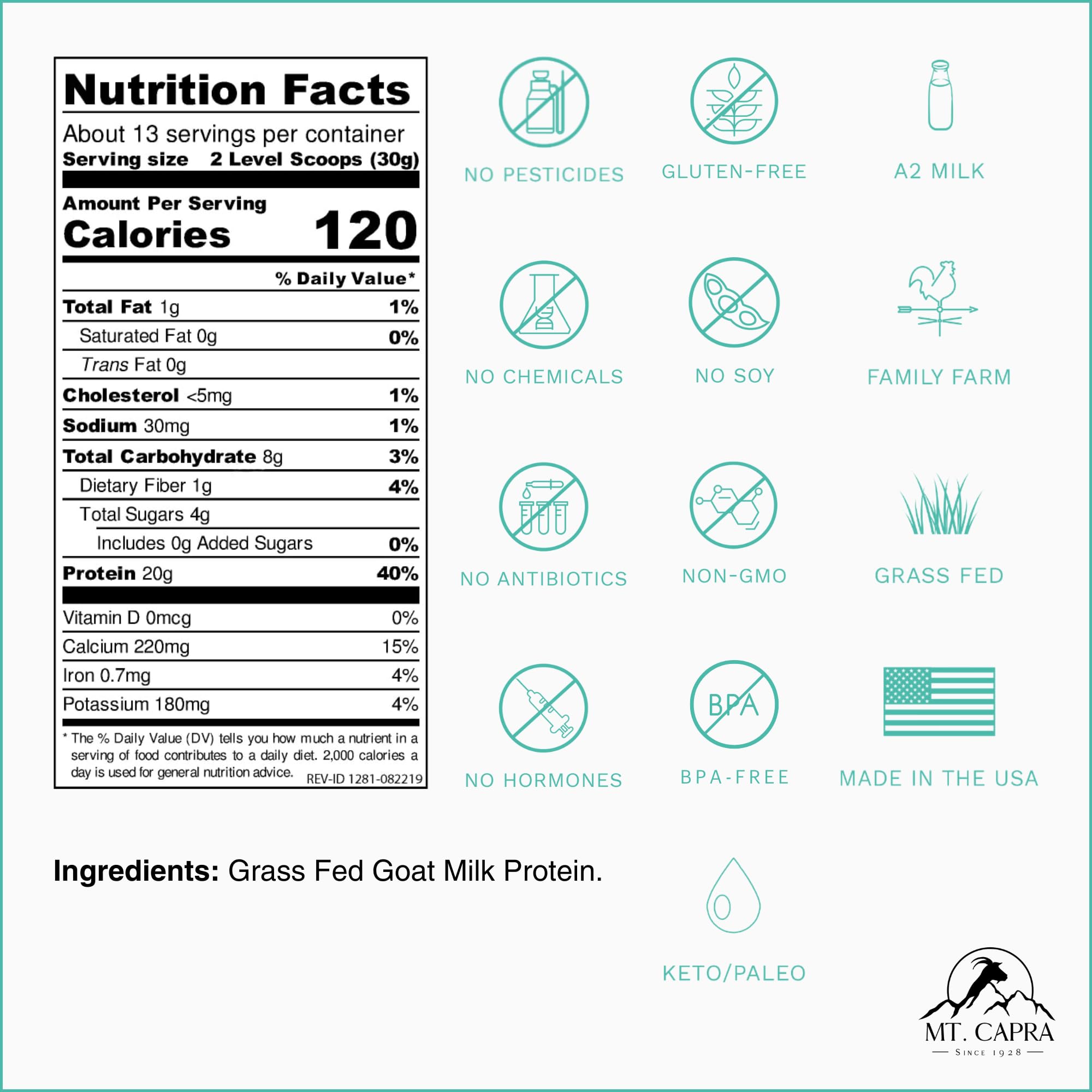 Mt Capra Clean Whole Protein powder showing single-ingredient purity for clean nutrition.