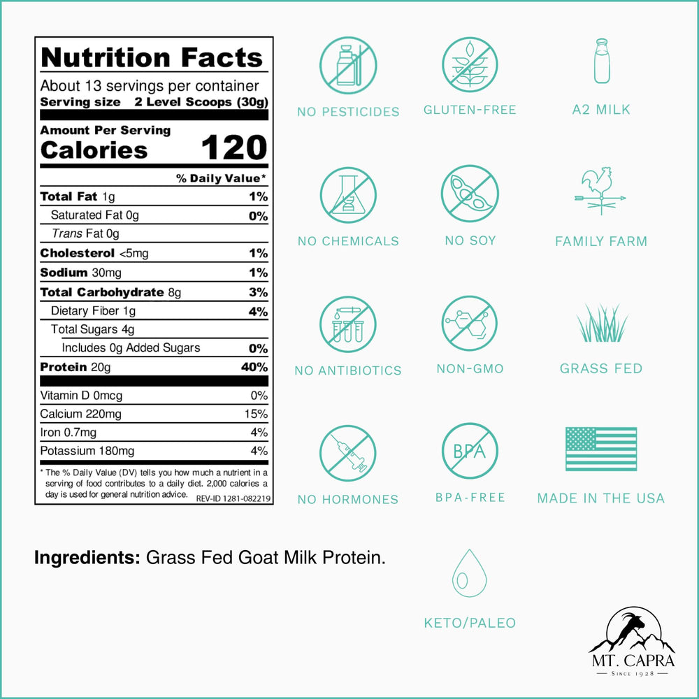 Mt Capra Clean Whole Protein powder showing single-ingredient purity for clean nutrition.