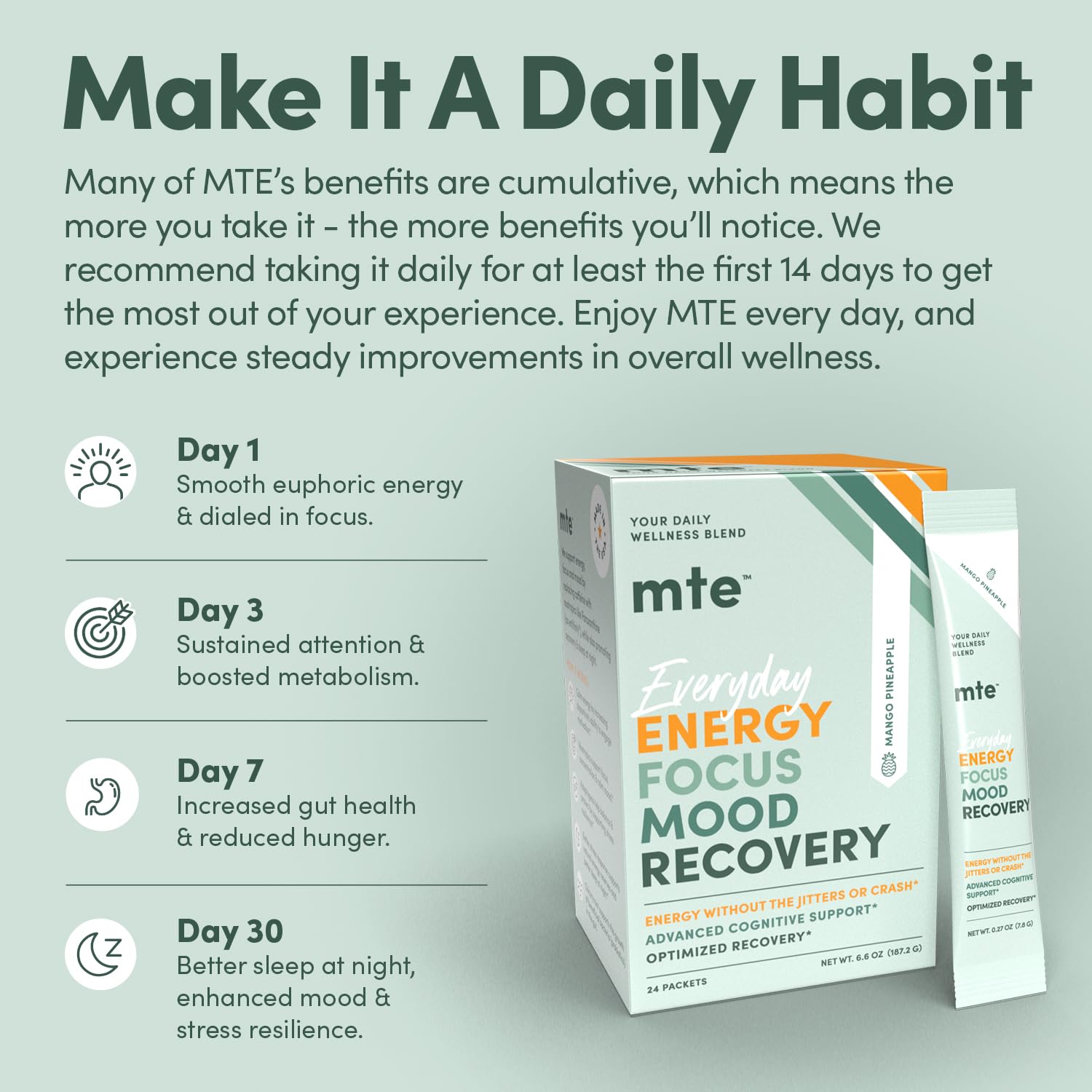 Close-up of MTE label emphasizing natural ingredients and sugar-free formula.