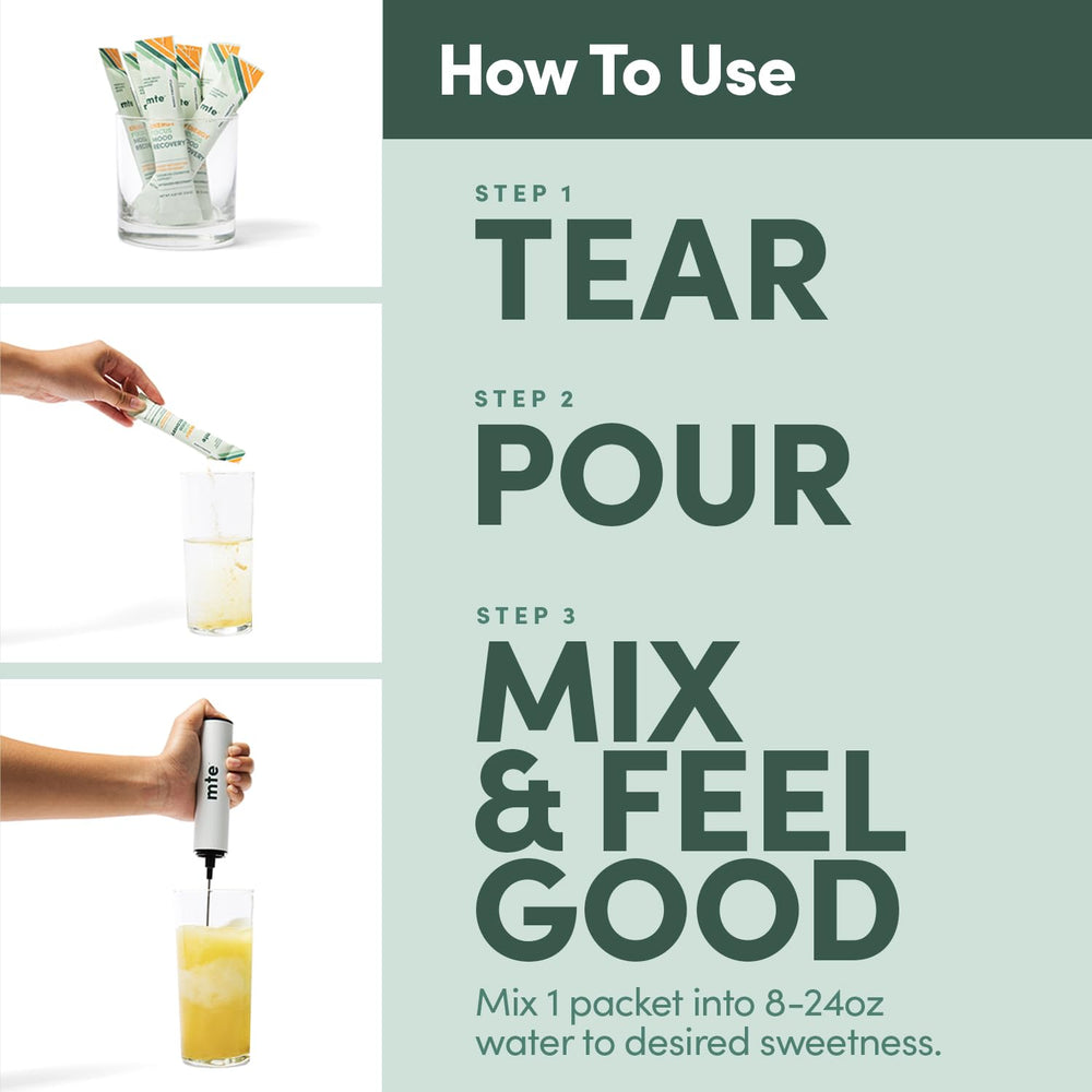 Pouring MTE drink into glass highlights caffeine-free focus and refreshing taste.