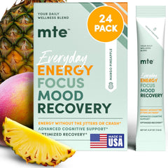 MTE healthy energy packet with mango-pineapple flavor boosts focus and hydration.