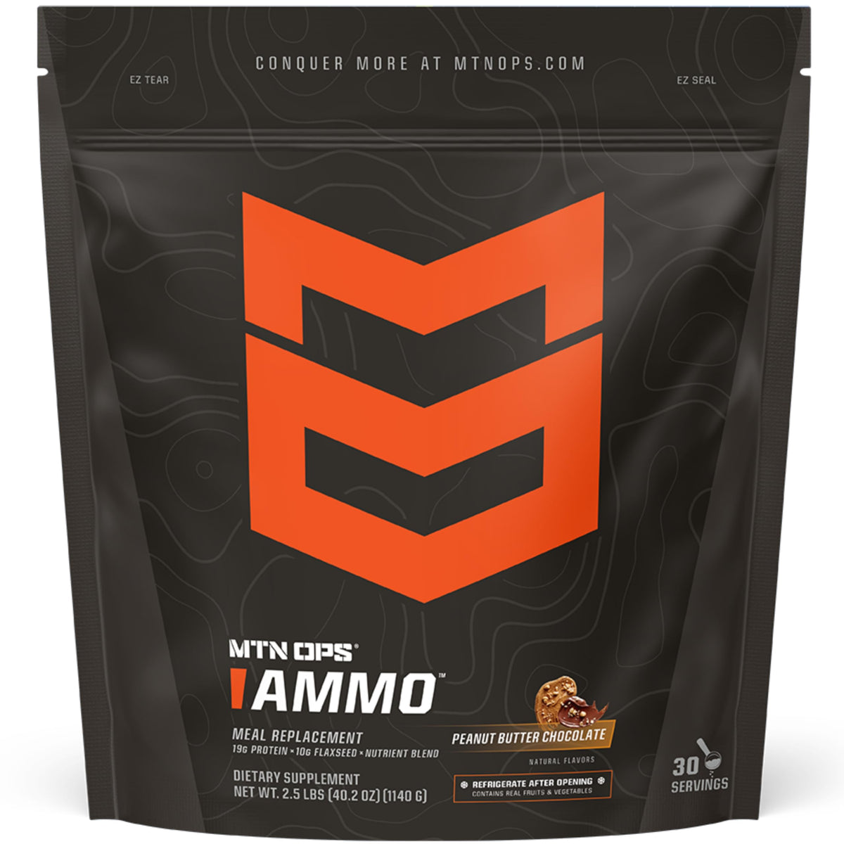 MTN OPS Ammo bottle front shows protein-rich meal replacement for lean gains.