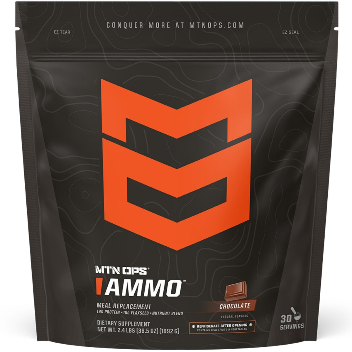 MTN OPS Ammo chocolate protein powder bottle ready to mix for a quick meal