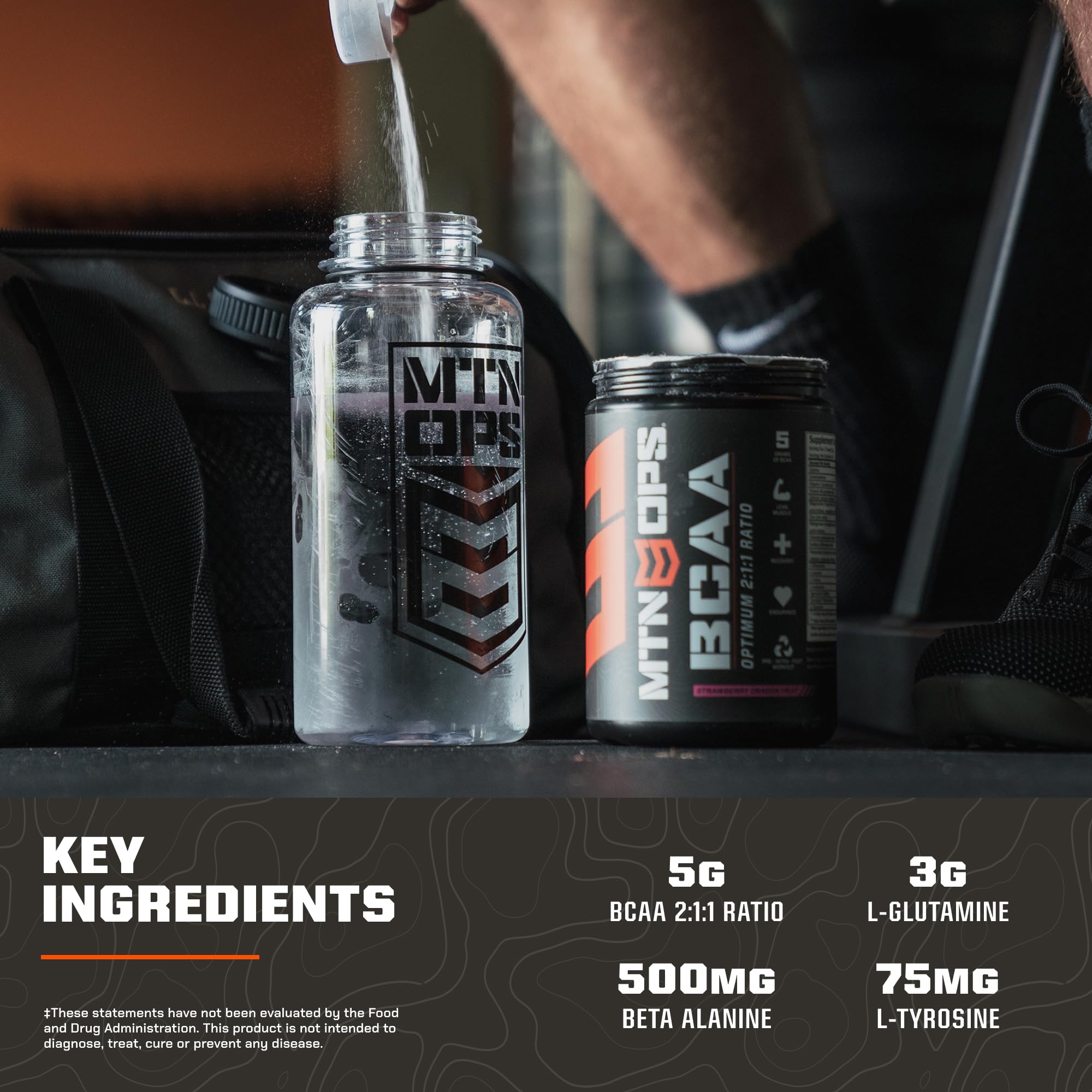 MTN OPS BCAA grape drink poured in a glass shows refreshing flavor during workouts.