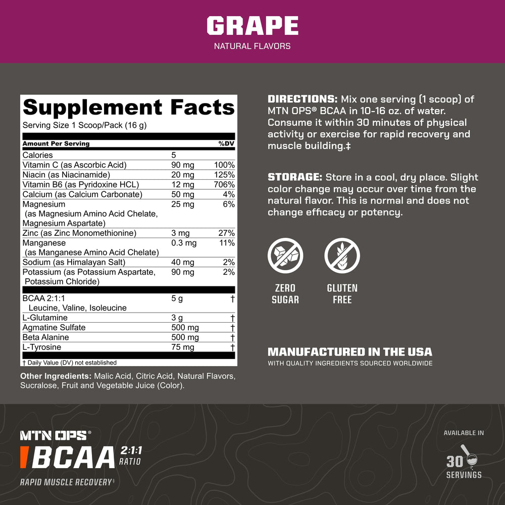 MTN OPS BCAA grape powder label highlights 2-1-1 ratio for training support.