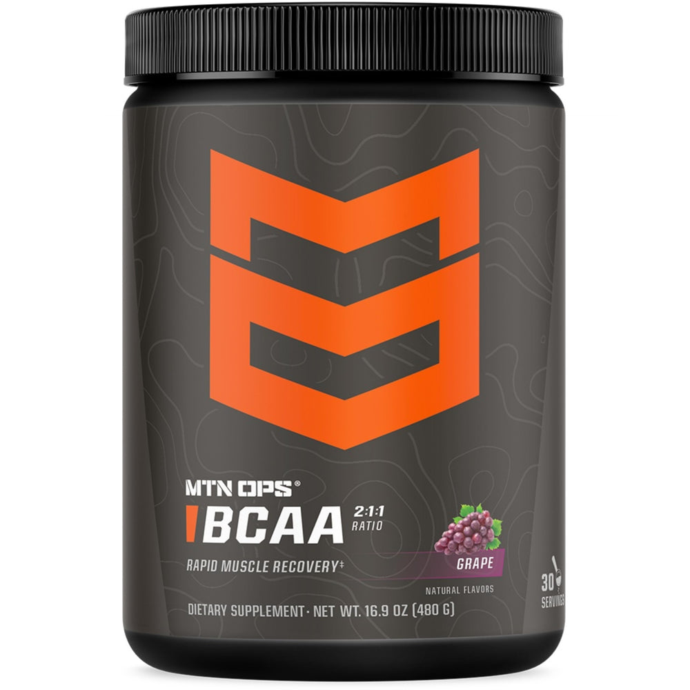 MTN OPS BCAA grape powder tub for gluten-free recovery after workouts.