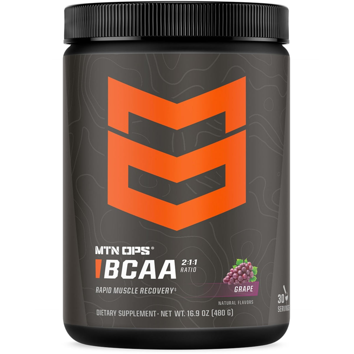 MTN OPS BCAA grape powder tub for gluten-free recovery after workouts.