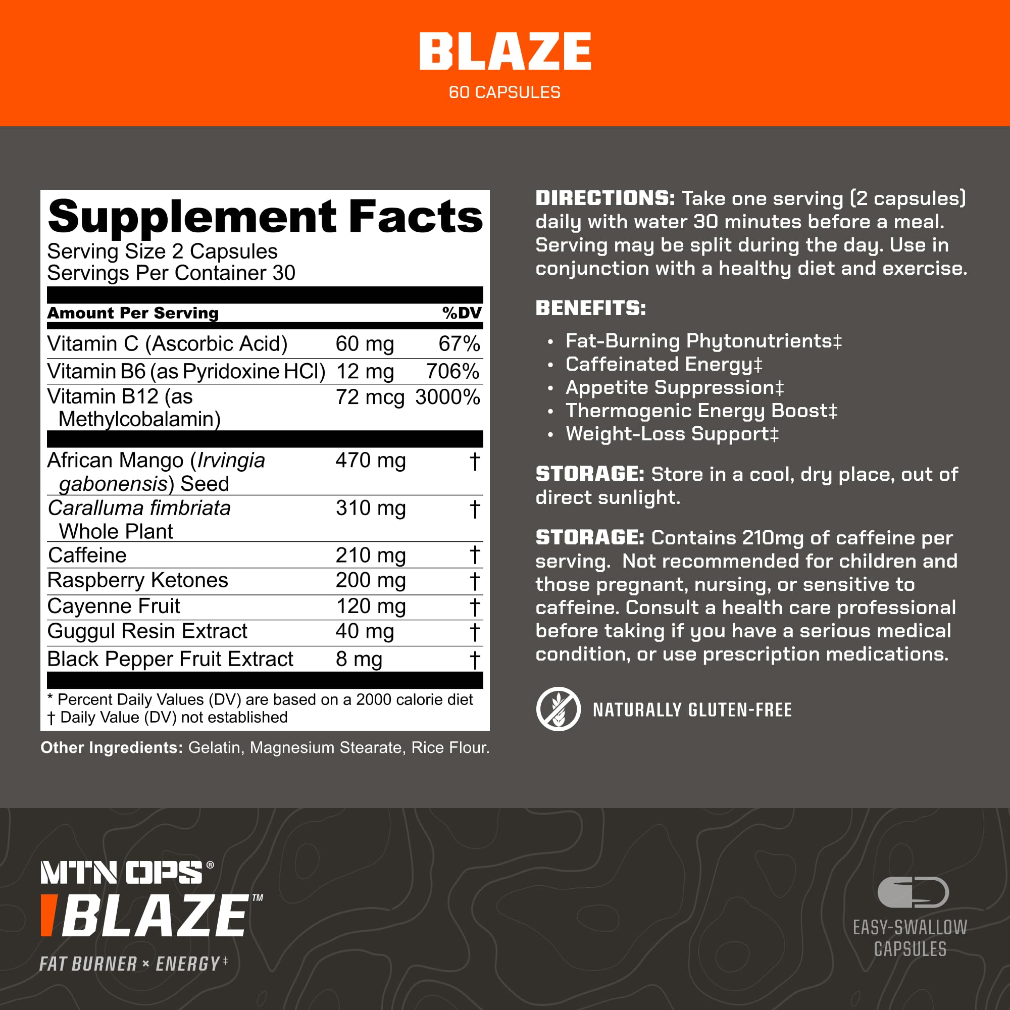 MTN OPS Blaze bottle label shows gluten-free formula for broader use