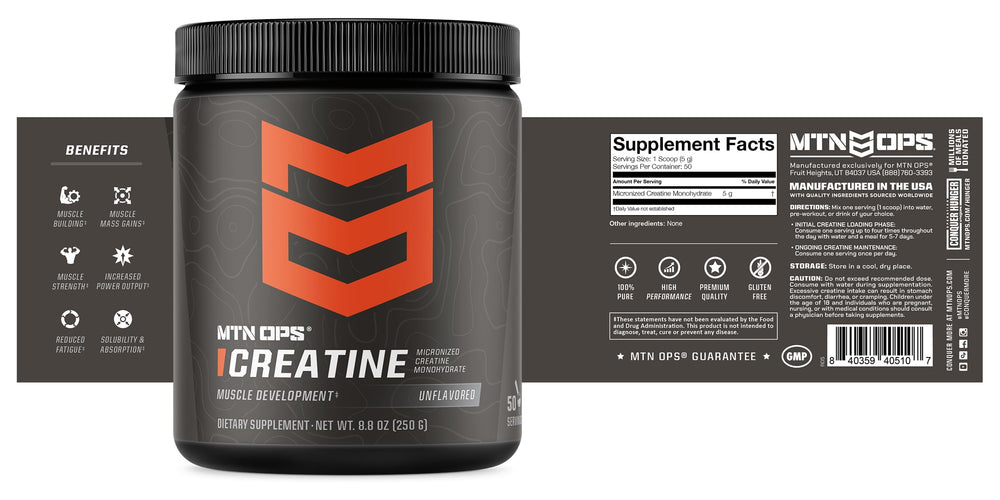 MTN OPS Creatine Monohydrate bottle on workout setup implies gym-ready nutrition
