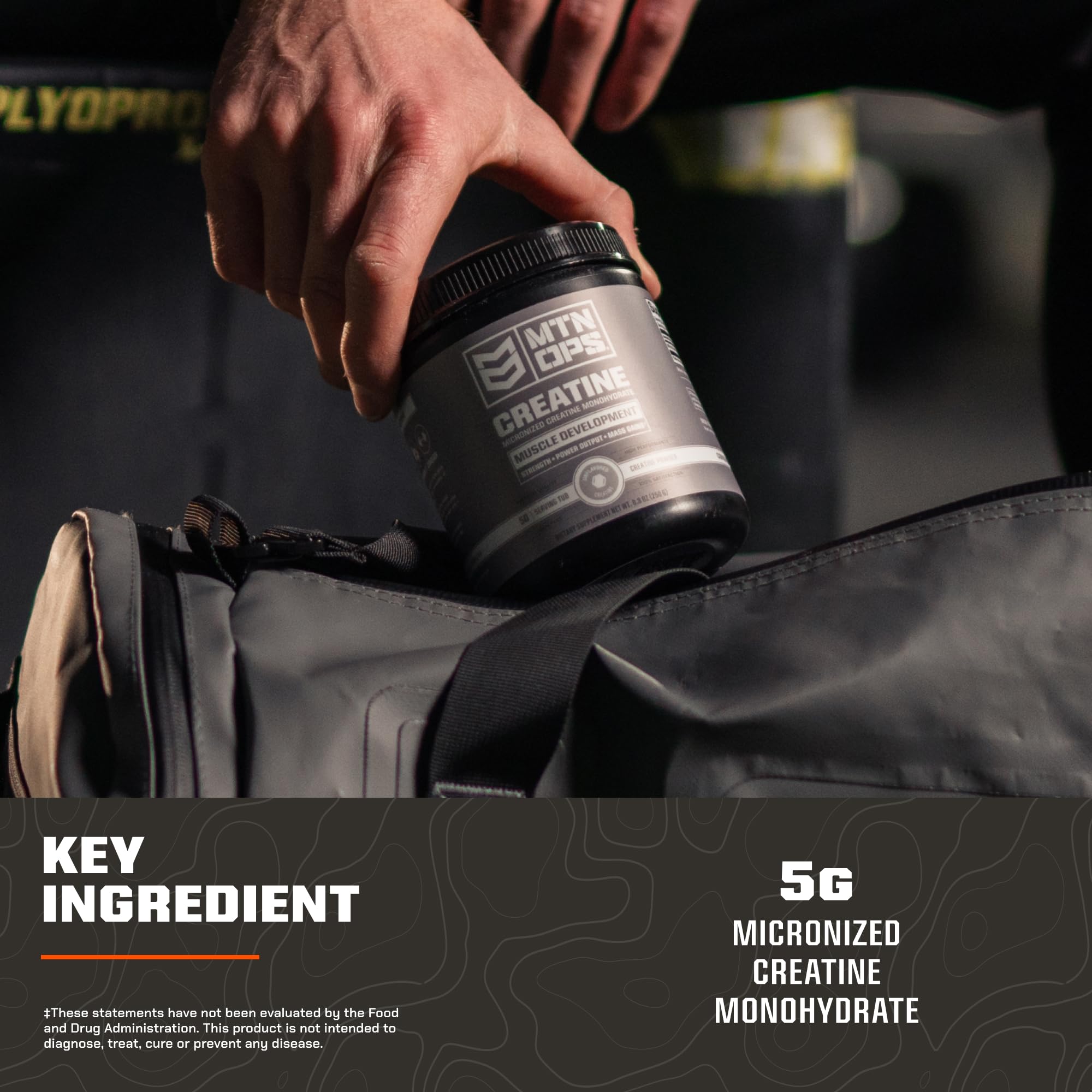 MTN OPS Creatine Monohydrate clear-label closeup signals clean, no-flavor formula