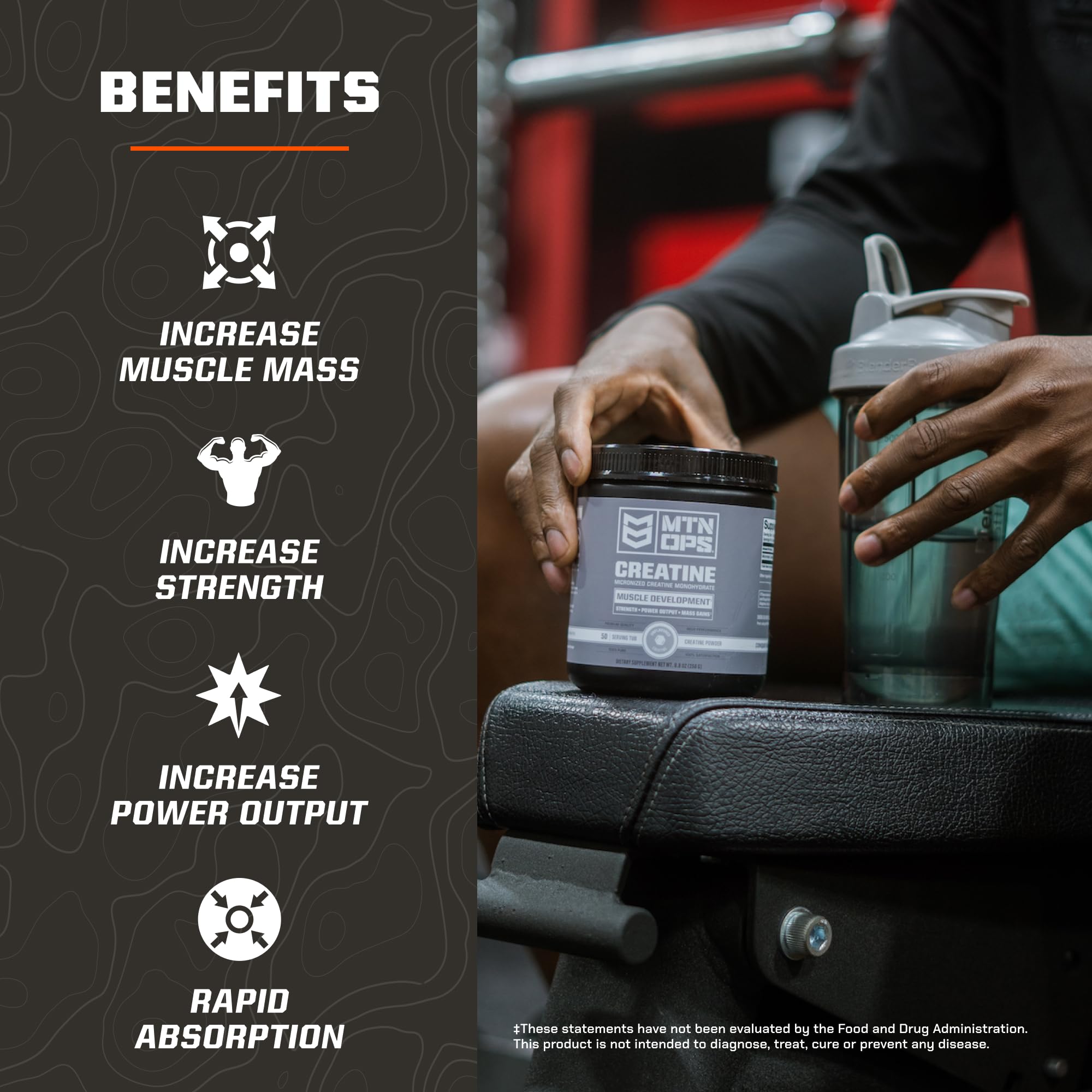 MTN OPS Creatine Monohydrate scoop-in-hand highlights convenient serving