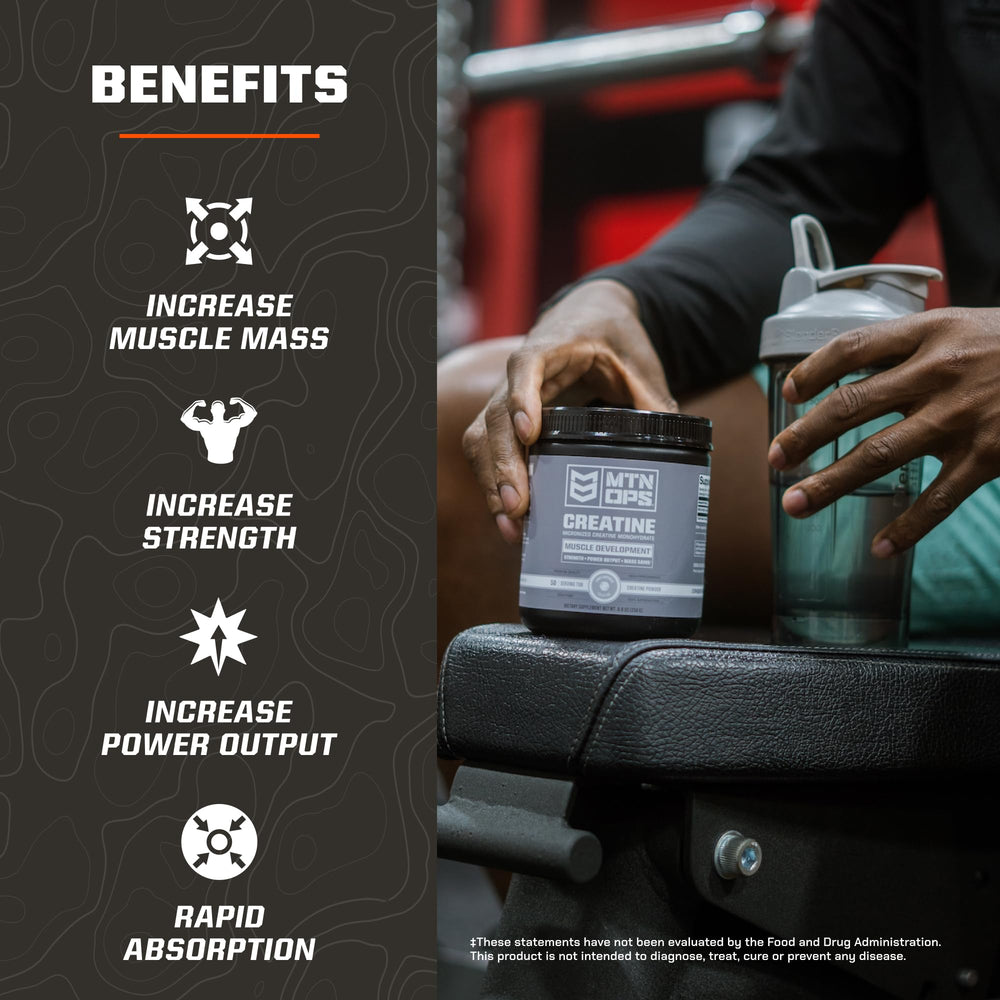 MTN OPS Creatine Monohydrate scoop-in-hand highlights convenient serving