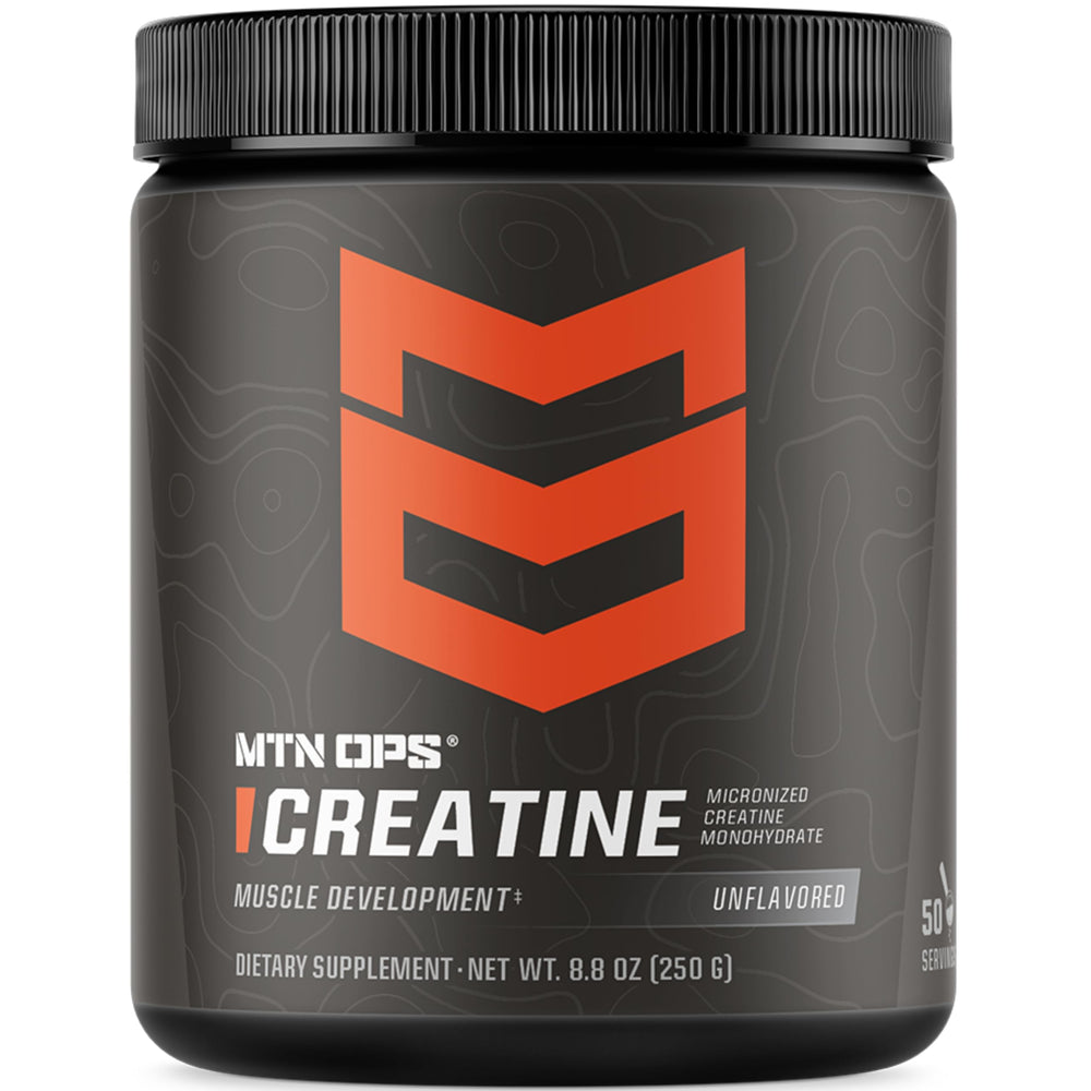 MTN OPS Creatine Monohydrate tub front showcases pure powder for clean strength support