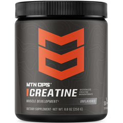 MTN OPS Creatine Monohydrate tub front showcases pure powder for clean strength support