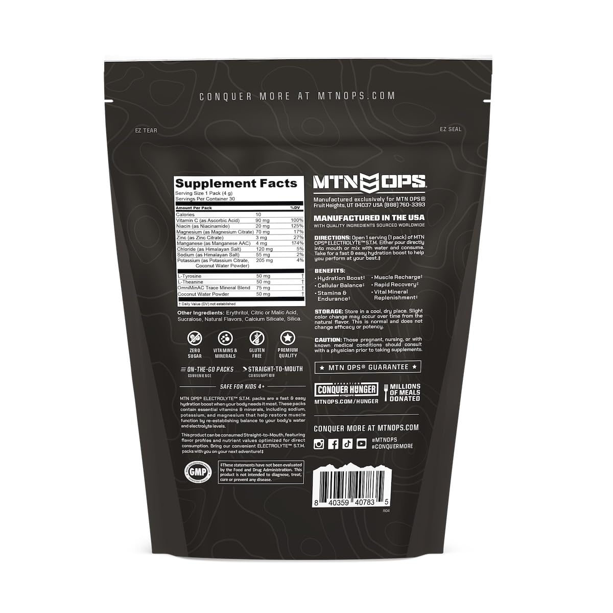 MTN OPS Electrolytes STM 30-pack box emphasizes quantity for multiple days.