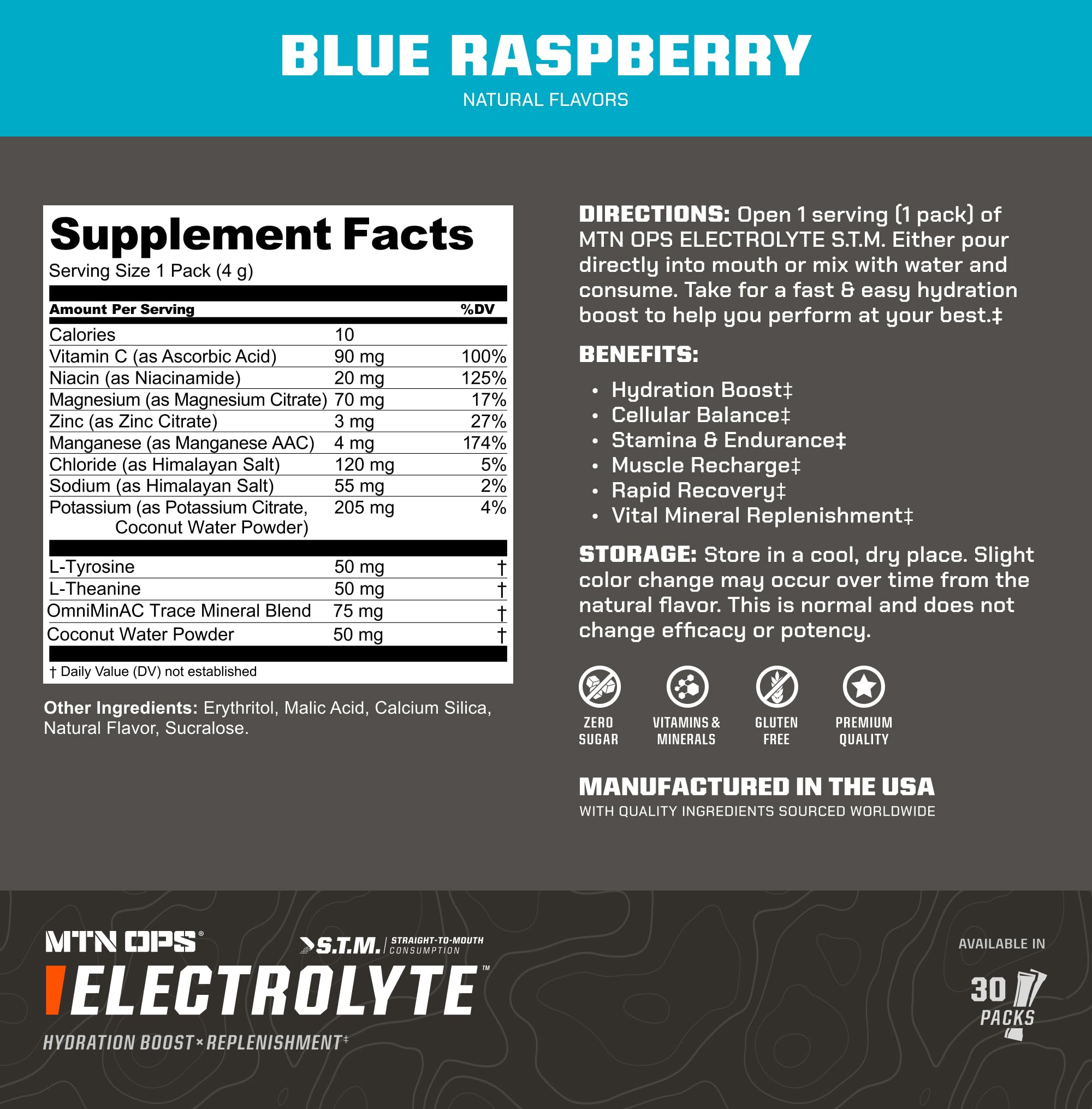 MTN OPS Electrolytes STM no-sugar icon highlights sugar-free formulation.