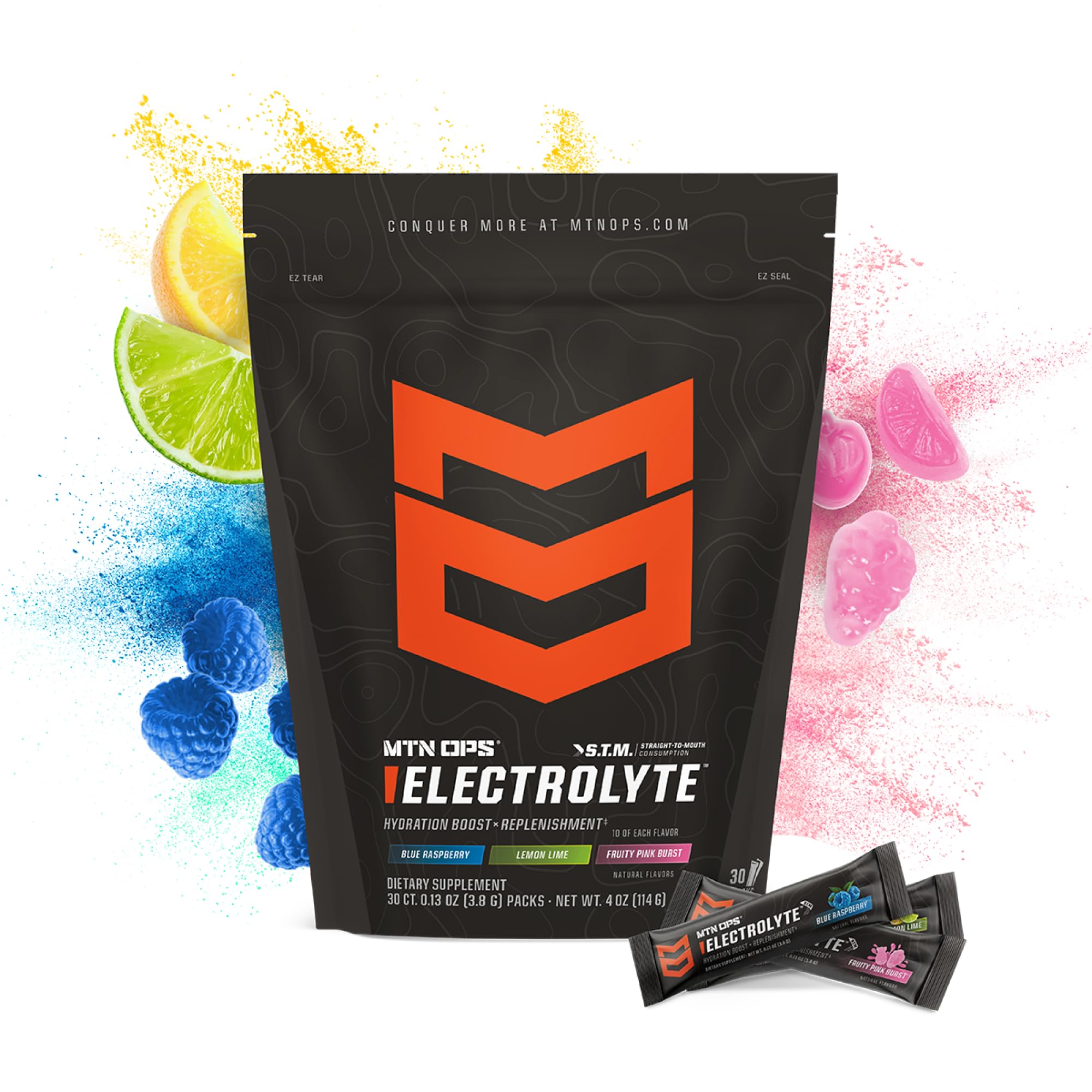 MTN OPS Electrolytes STM sugar-free label close-up highlighting zero sugar benefit.