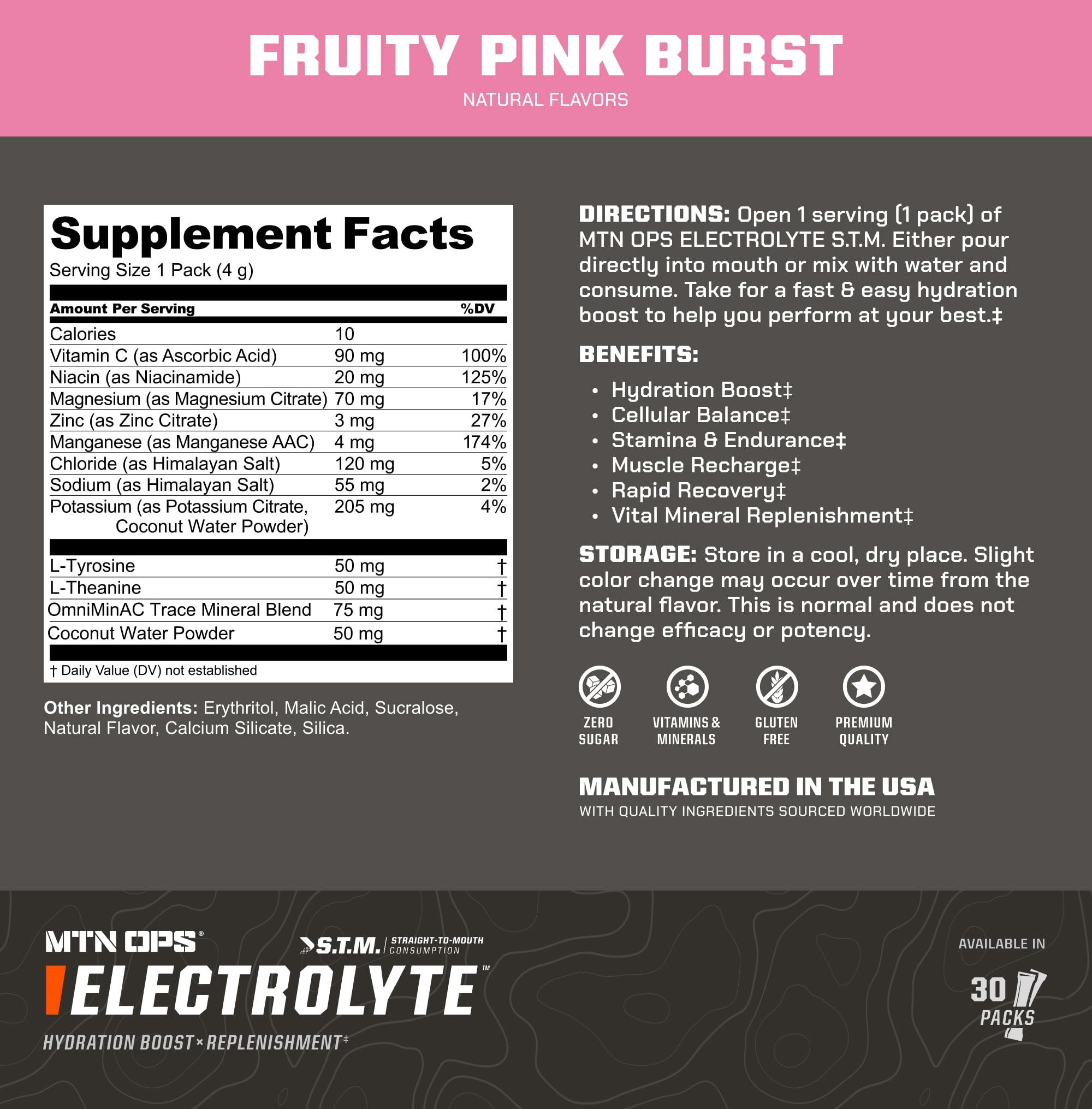 MTN OPS Electrolytes STM three flavors chart summarizes flavor options.