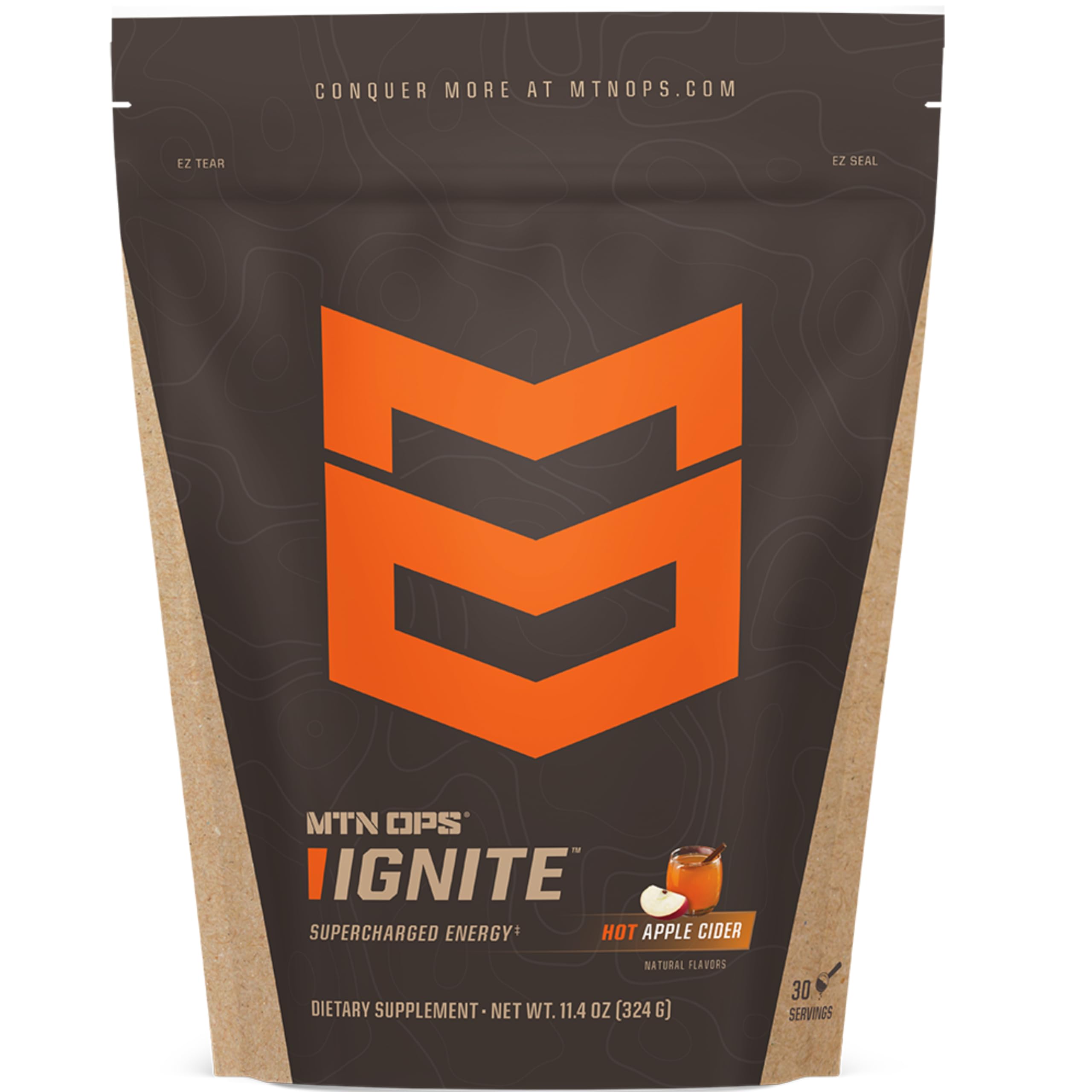 MTN OPS Hot Ignite Apple Cider coffee canister boosts focus and energy.