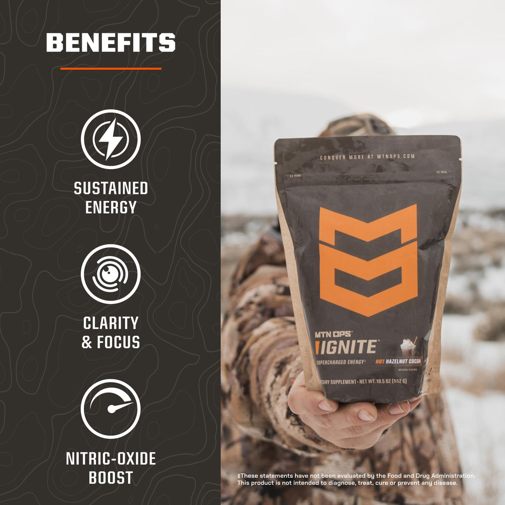 MTN OPS Hot Ignite coffee scoop with 200mg caffeine boosts daytime alertness.