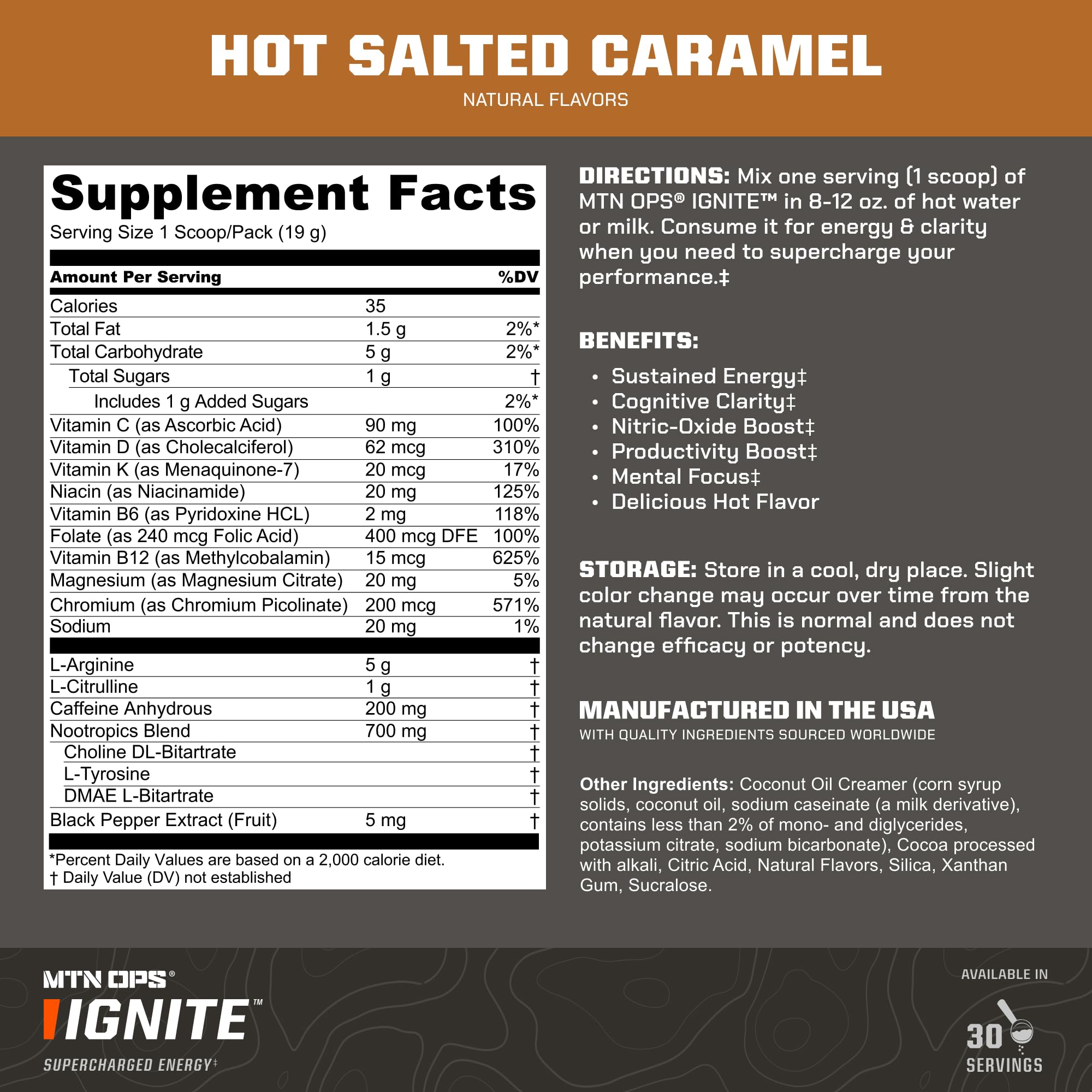 MTN OPS Hot Ignite ingredients label close-up highlights nootropics and amino boosts.