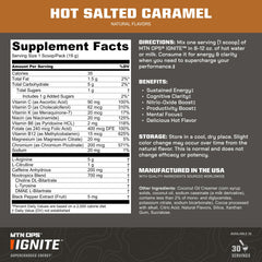 MTN OPS Hot Ignite ingredients label close-up highlights nootropics and amino boosts.