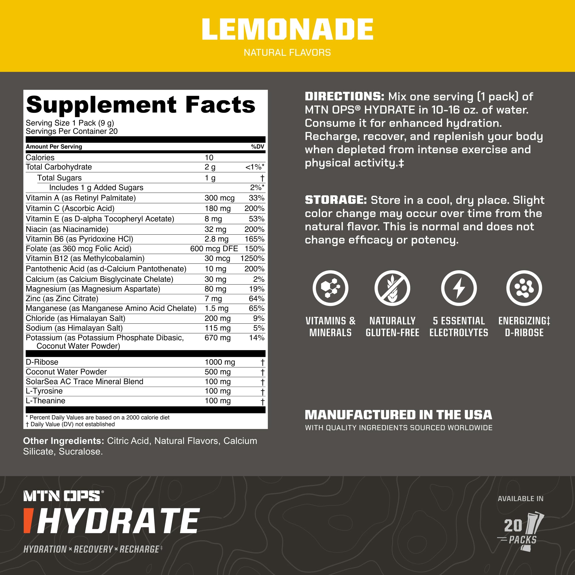 MTN OPS Hydrate bottle shows the bright lemonade drink during training.
