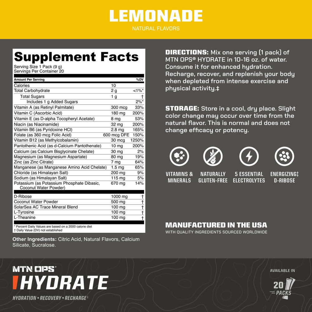 MTN OPS Hydrate bottle shows the bright lemonade drink during training.