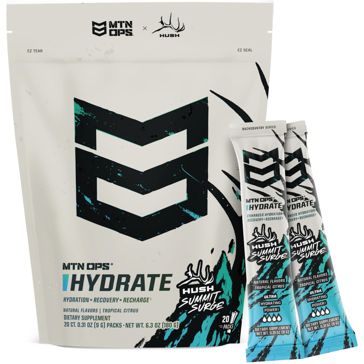 MTN OPS Hydrate bottle pour showing quick hydration during workouts